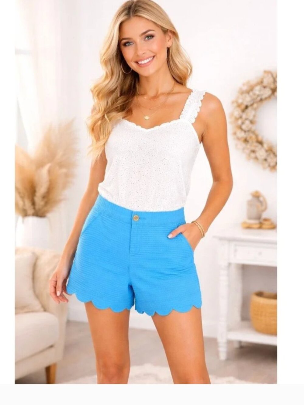 Lilly Pulitzer Blue Scallop Hem Shorts Textured Cotton Size 8